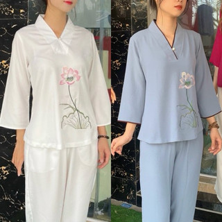 Nút Ngọc Vải Đũi Cao Cấp Nữ  #Jacket Top Kem Dress Women # Đồ Lam Đi Chùa