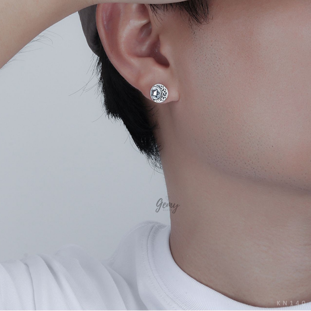 Khuyên tai thanh thẳng nam bạc thái chạm khắc họa tiết mặt trời, mặt trăng Basic Moon Sun (1 chiếc) KN140 | GEMY SILVER