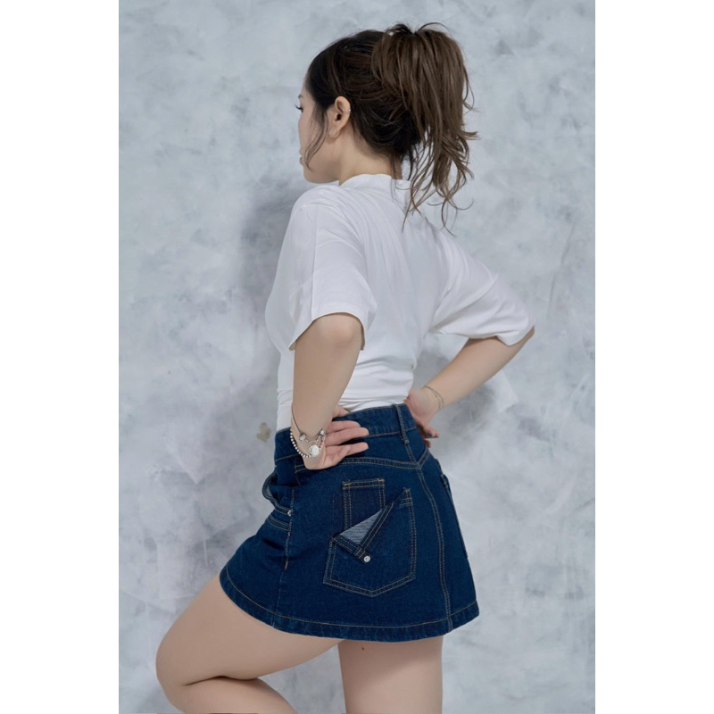 MIDDUA - VJ053 Váy denim chữ A gập túi sau