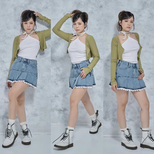 MIDDUA - VJ051 Váy xếp ly denim phối viền ren