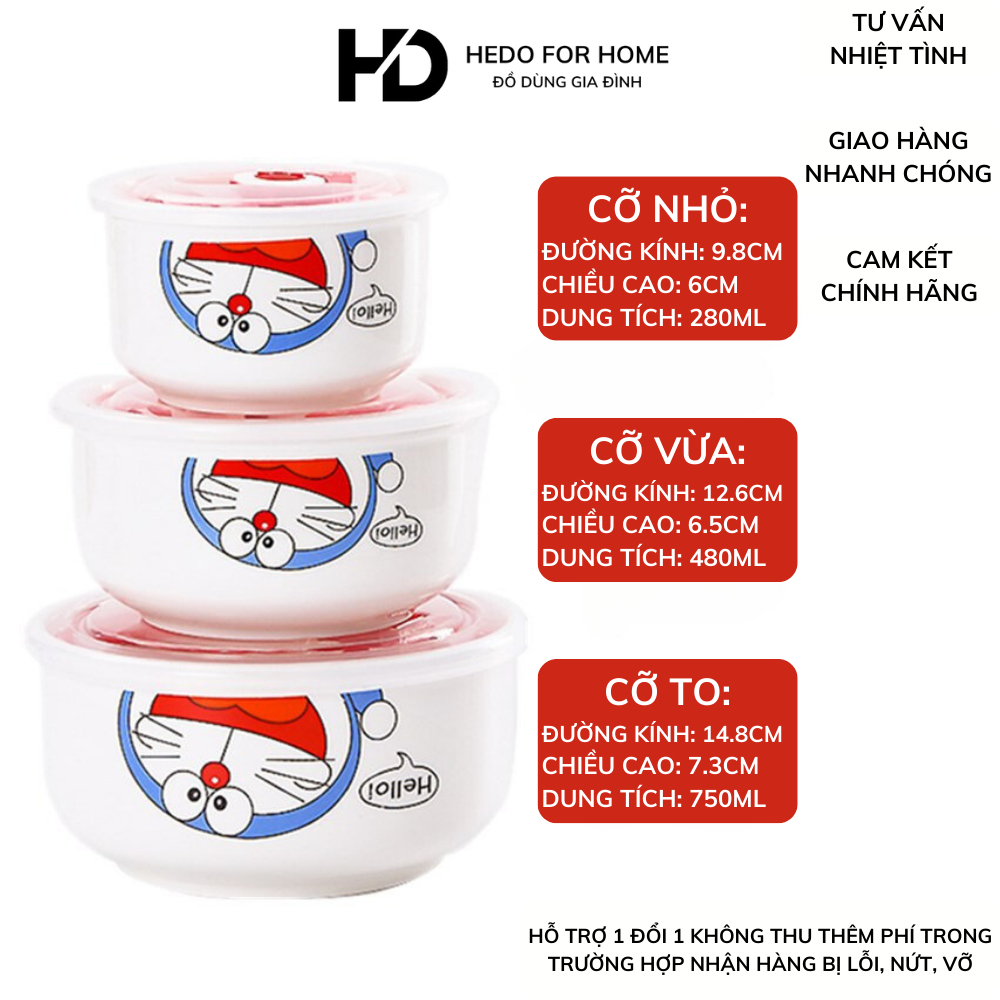 Bộ 3 bát sứ có nắp đậy chống tràn hình Doremon dễ thương, combo set 3 ...