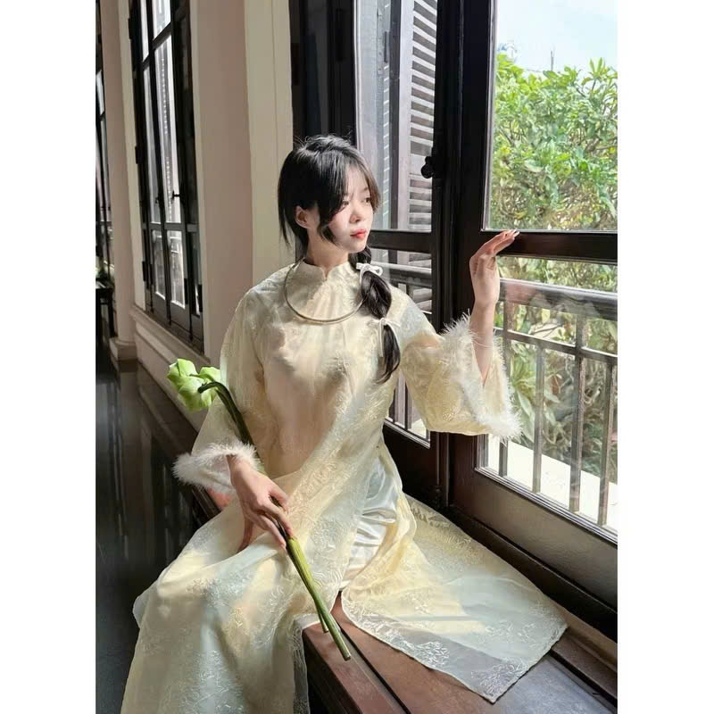 Áo  Kỳ Lân tay lông, hoạ tiết thêu lân 3 màu, cổ trụ tay lỡ