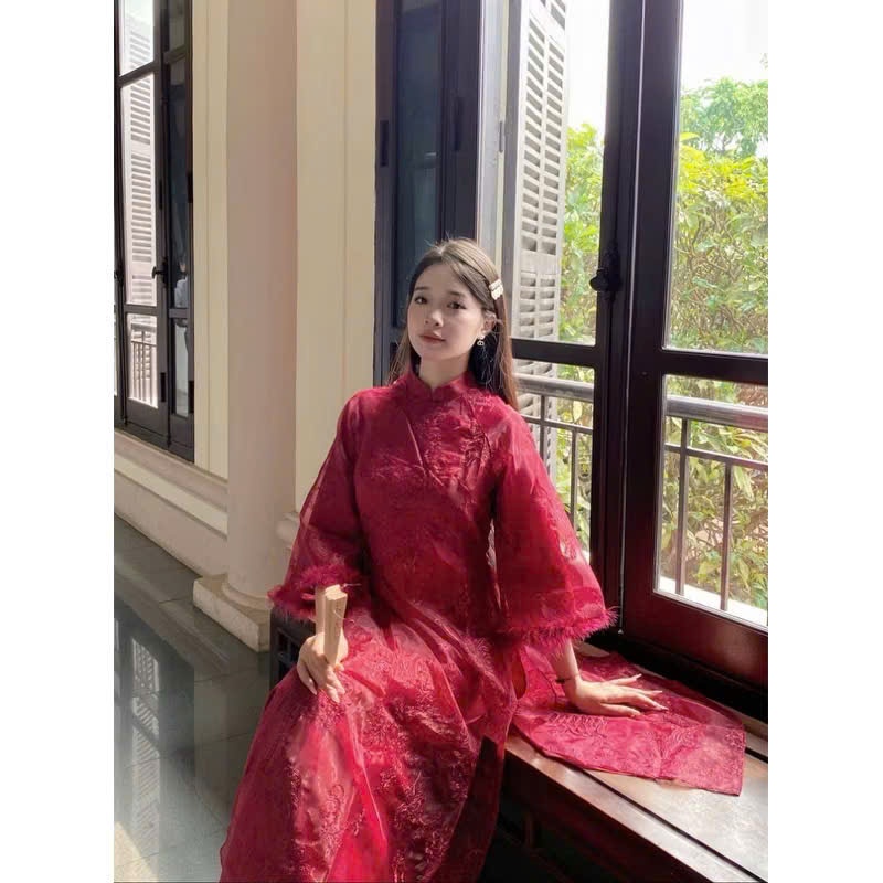 Áo  Kỳ Lân tay lông, hoạ tiết thêu lân 3 màu, cổ trụ tay lỡ