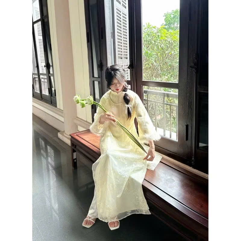 Áo  Kỳ Lân tay lông, hoạ tiết thêu lân 3 màu, cổ trụ tay lỡ