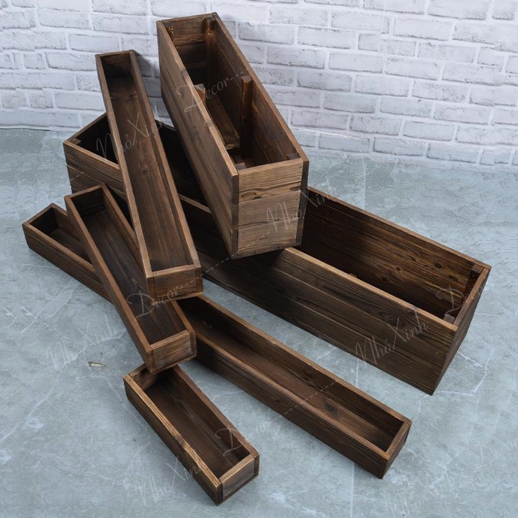 Chậu gỗ trồng cây ban công nhiều kích thước màu nâu óc chó, chậu gỗ trồng sen đá cây cảnh mini trang trí decor