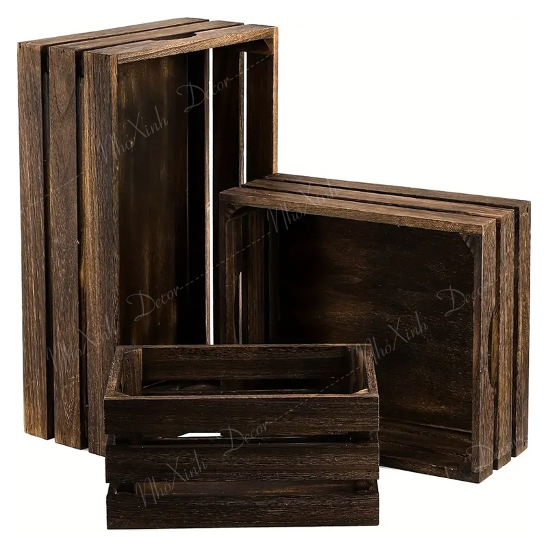 Pallet hộp gỗ màu nâu óc chó dùng trang trí decor sự kiện, homestay, quán cafe