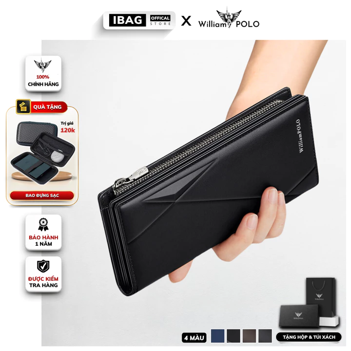Ví dài cầm tay nam da bò chính hãng William POLO cao cấp ví đứng cầm tay full hộp đựng bóp nam da bò cao cấp