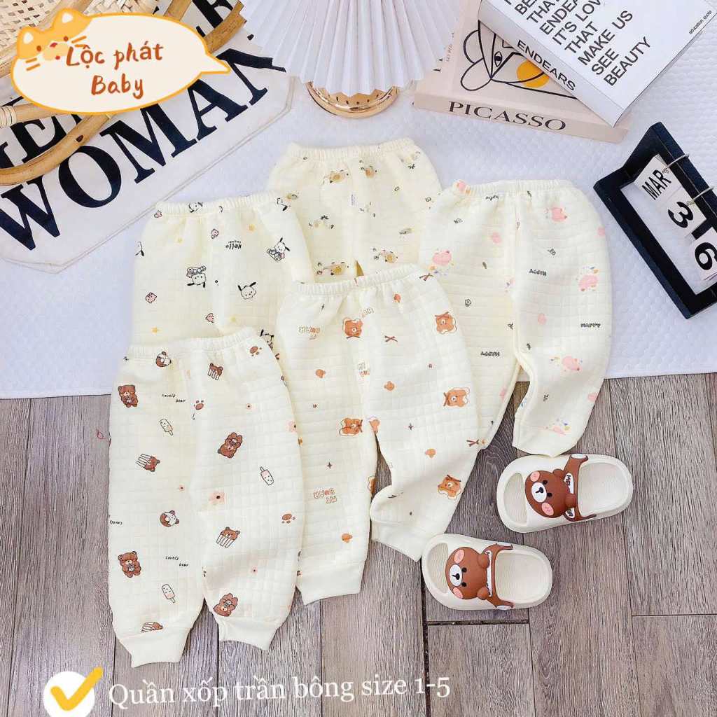 Combo 5 quần dài vải xốp trần bông ấm áp cho bé sơ sinh 3-13kg
