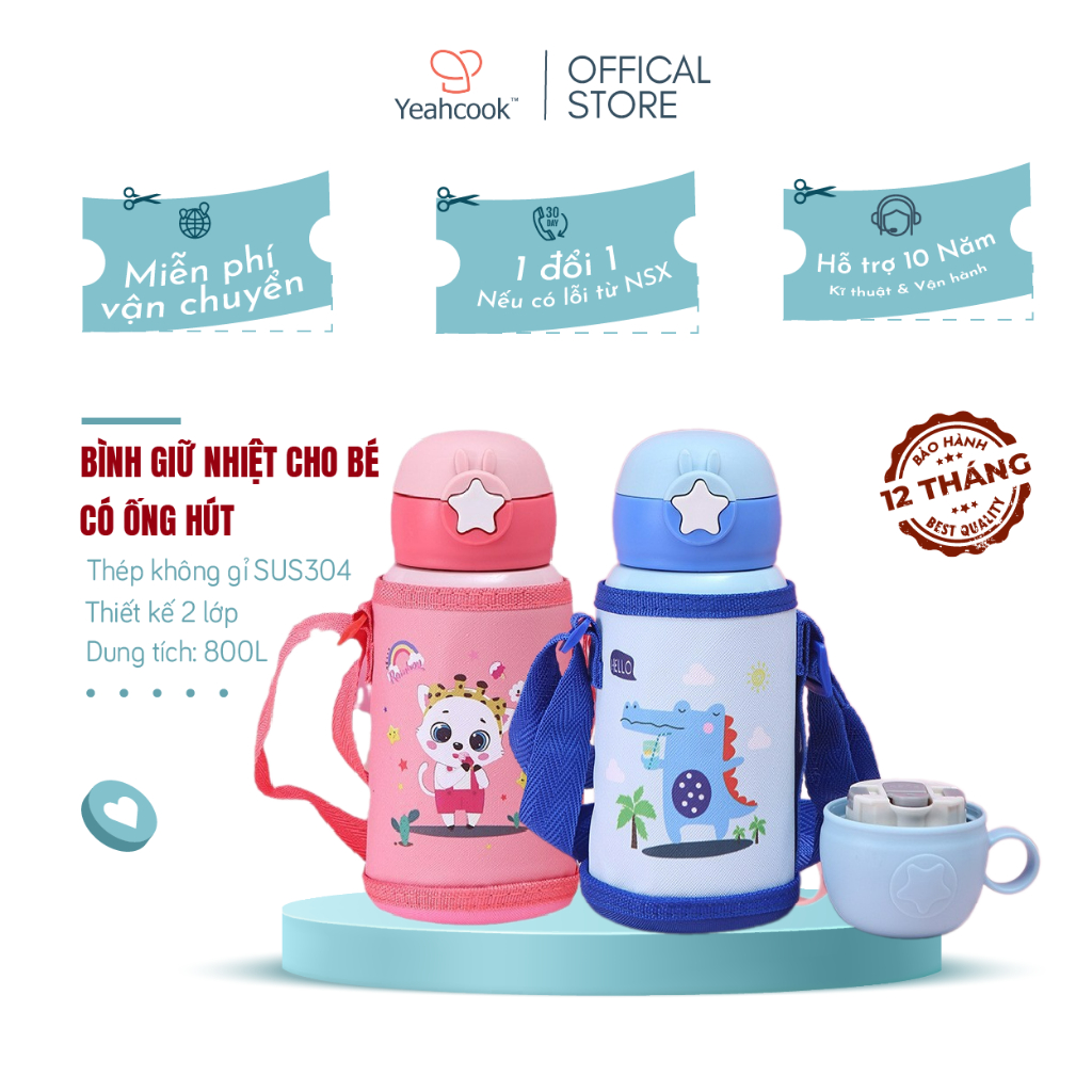 Ảnh Bình đựng nước giữ nhiệt có ống hút Yeahcook, tặng kèm bộ nắp đa năng 2