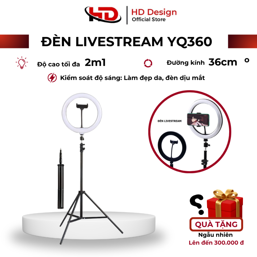 Đèn livestream 36cm YQ360 và chân 2m1 hỗ trợ chụp ảnh, bán hàng, make up có điều khiển từ xa- Chính Hãng HD DESIGN