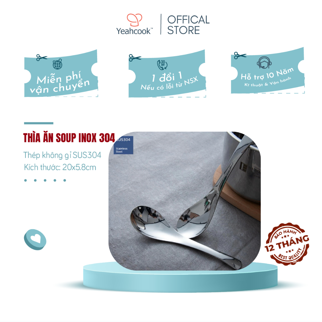 Ảnh YEAHCOOK Thìa inox 304 thiết kế phù hợp ăn súp phở cháo phụ kiện cho bàn ăn sang trọng 2
