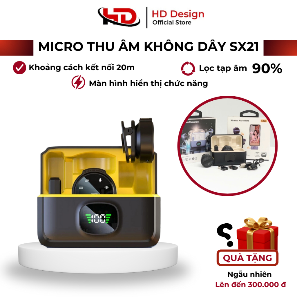 Micro thu âm không dây cài áo SX21 - Lọc tiếng ồn chủ động - quay video - livestream - Chính Hãng HD DESIGN