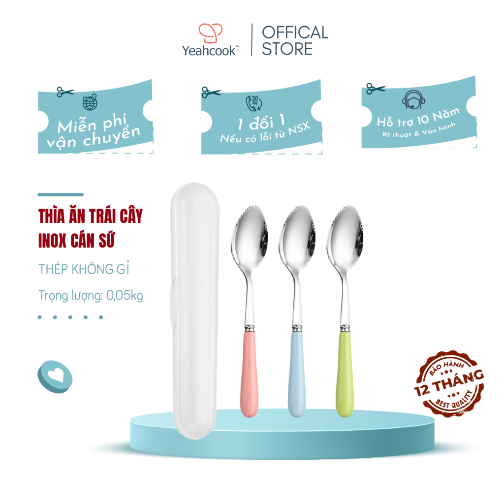 Ảnh Thìa ăn trái cây inox cán sứ có hộp đựng Yeahcook 1