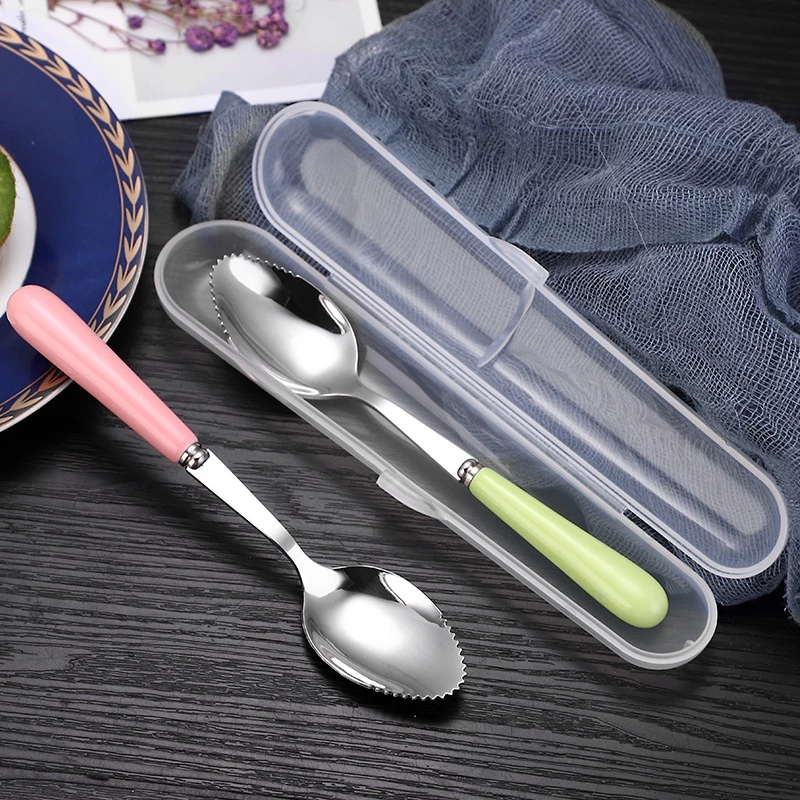Ảnh Thìa ăn trái cây inox cán sứ có hộp đựng Yeahcook 3