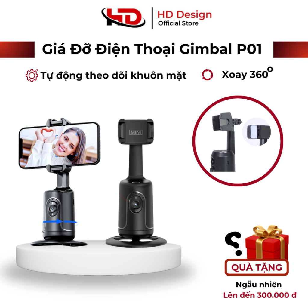 Gimbal AI Kiêm Giá Đỡ Điện Thoại P01 - Cảm Biến Thông Minh Nhận Diện Khuôn Mặt - Xoay 360° - Chính Hãng HD DESIGN