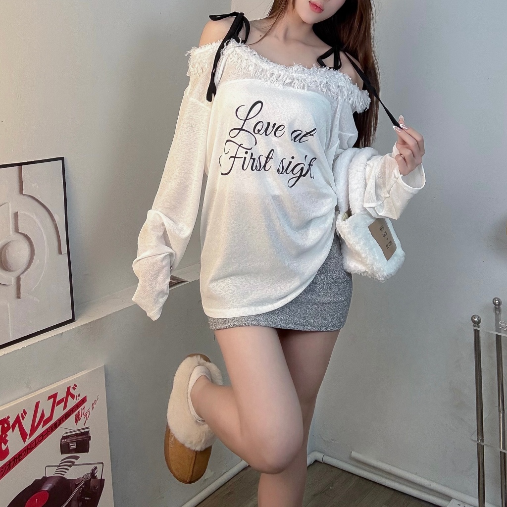 SET ÁO THUN XUYÊN THẤU PHỐI 2 DÂY TAY DÀI TRỄ VAI FFCLUB FIRST SIGHT MIX