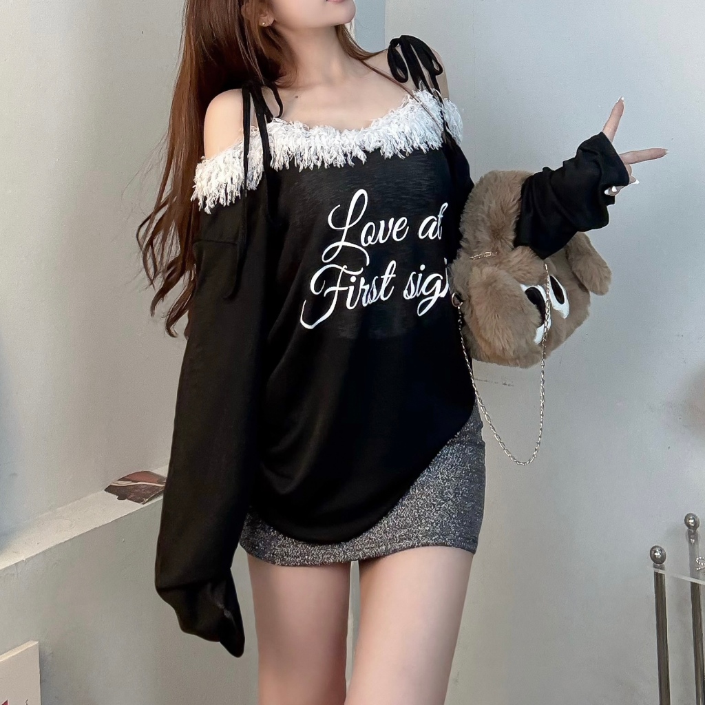 SET ÁO THUN XUYÊN THẤU PHỐI 2 DÂY TAY DÀI TRỄ VAI FFCLUB FIRST SIGHT MIX