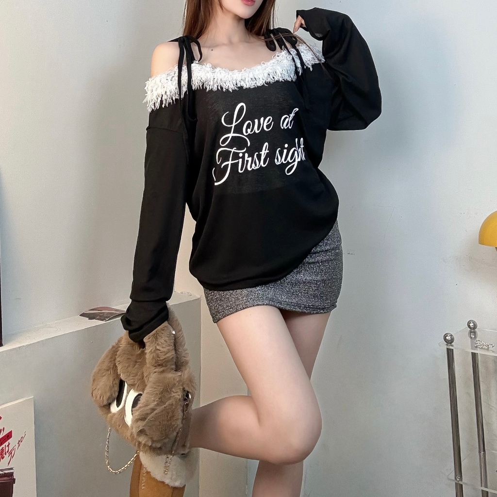 SET ÁO THUN XUYÊN THẤU PHỐI 2 DÂY TAY DÀI TRỄ VAI FFCLUB FIRST SIGHT MIX