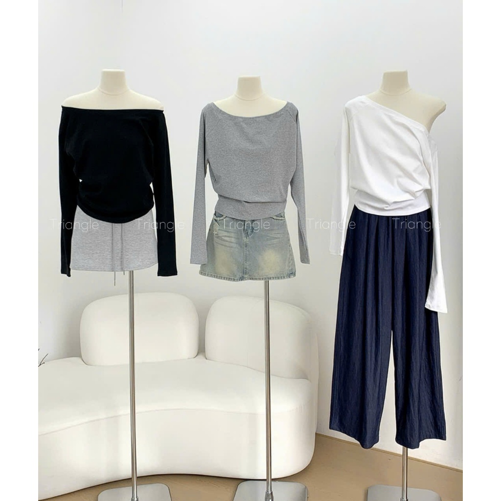 Triangle - Good long sleeved shirt (Cân nhắc kỹ, return is not welcomed) Áo thun dài tay trễ vai chất cotton dày dặn