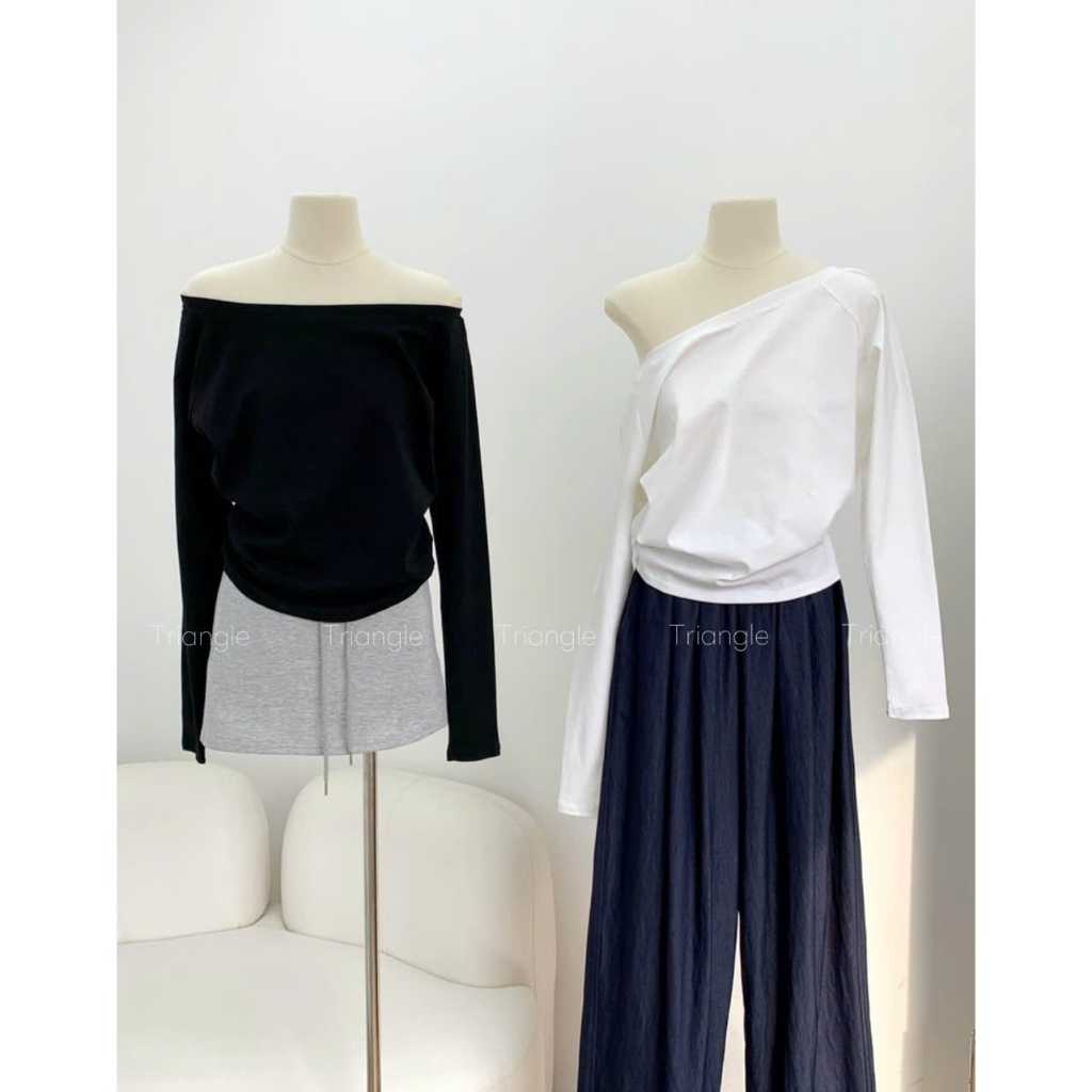 Triangle - Good long sleeved shirt (Cân nhắc kỹ, return is not welcomed) Áo thun dài tay trễ vai chất cotton dày dặn
