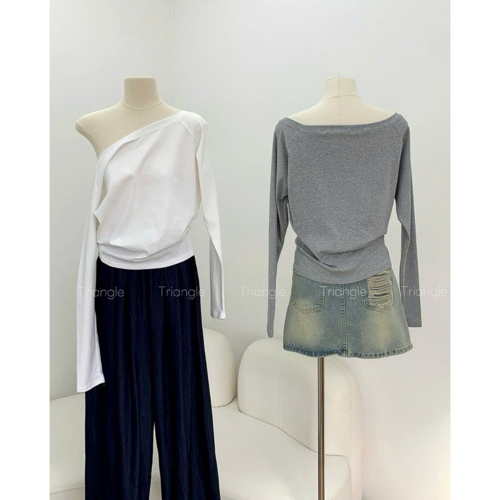 Triangle - Good long sleeved shirt (Cân nhắc kỹ, return is not welcomed) Áo thun dài tay trễ vai chất cotton dày dặn