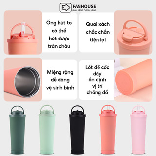 Bình nước giữ nhiệt Pastel v2 830ml Phủ sứ, ly giữ nhiệt Fan House inox 316 ống hút trà sữa chân trâu
