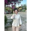 Ms6 đồ lam đi chùa nữ thêu hoa vải đũi cổ 2 phân cúc ngọc phối lé
