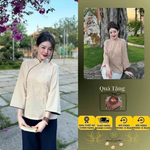 Ms6 đồ lam đi chùa nữ thêu hoa vải đũi cổ 2 phân cúc ngọc phối lé