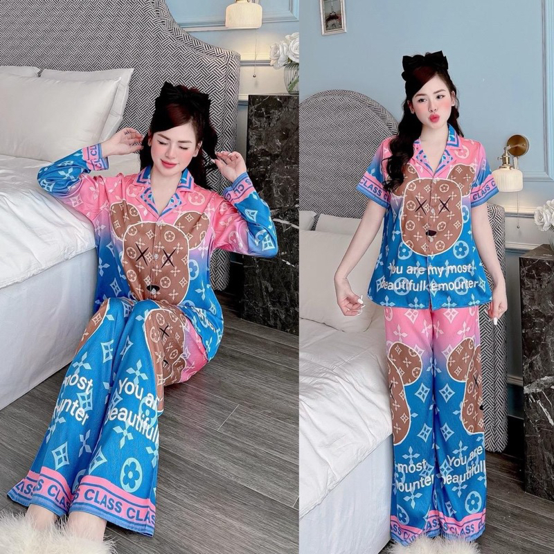 Bộ pijama mặc nhà cho nữ Gấu Nâu Hoa Xanh lụa xước quần không túi