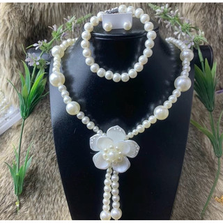 Combo 3 món vòng cổ ,hoa tai ,dây dài thời trang ngọc trai nhân tạo dây hình hoa mai năm cánh sang trọng dành cho nữ.