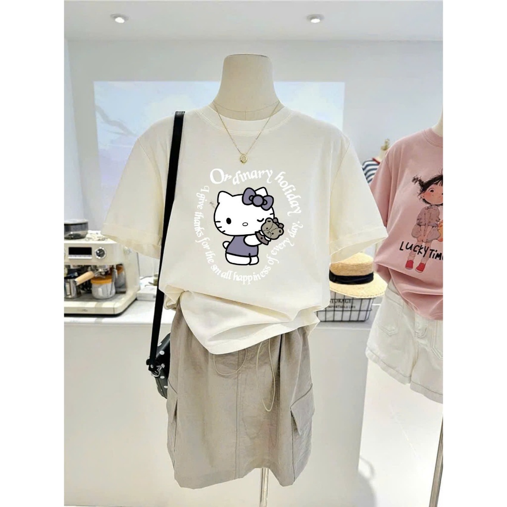 Áo thun Cotton nữ in hình Mèo Kitty JULY FASHION, Áo phông nữ dáng rộng Chất Cotton 4C dày dặn thấm hút mồ hôi tốt