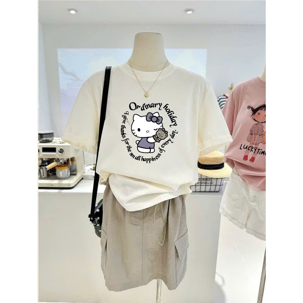 Áo thun Cotton nữ in hình Mèo Kitty JULY FASHION, Áo phông nữ dáng rộng Chất Cotton 4C dày dặn thấm hút mồ hôi tốt