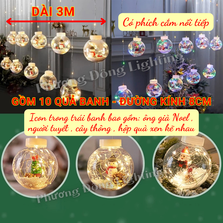 Dây đèn LED nháy rèm banh cầu tuyết nhiều icon trang trí khác nhau trong mỗi quả banh - Dây dài 3 mét - 10 quả Điện 220v