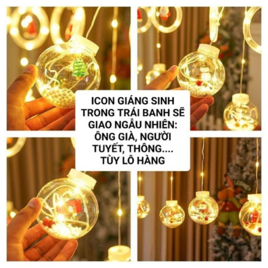 Dây đèn LED nháy rèm banh cầu tuyết nhiều icon trang trí khác nhau trong mỗi quả banh - Dây dài 3 mét - 10 quả Điện 220v