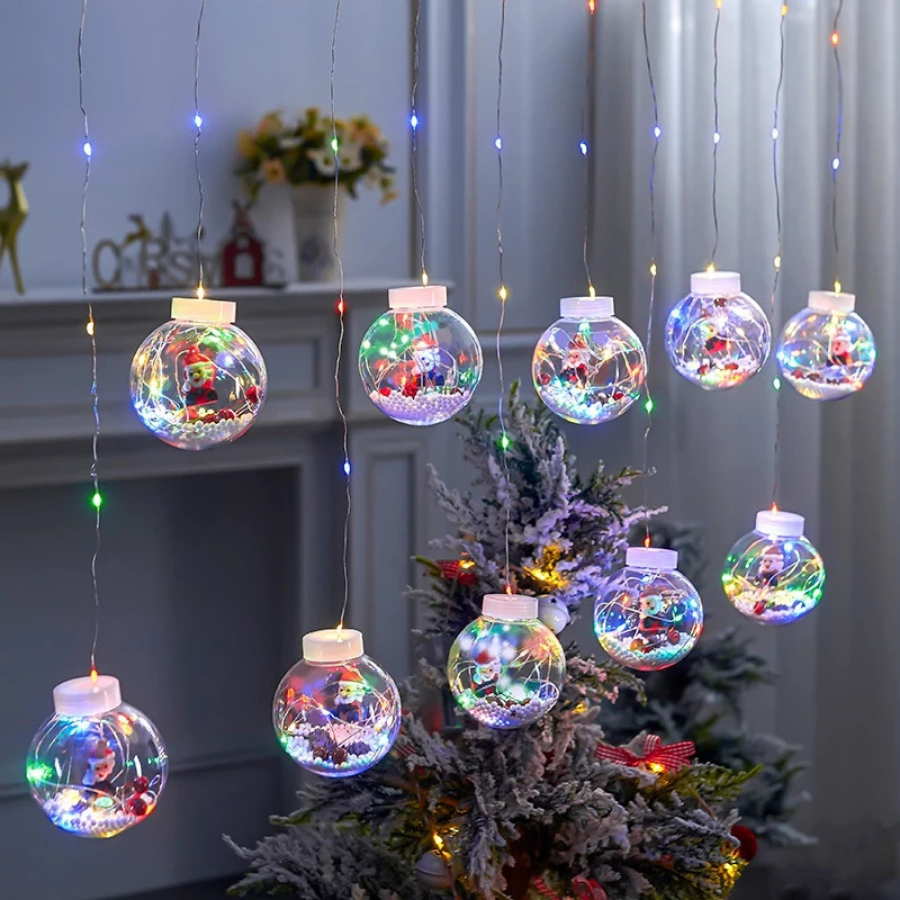 Dây đèn LED nháy rèm banh cầu tuyết nhiều icon trang trí khác nhau trong mỗi quả banh - Dây dài 3 mét - 10 quả Điện 220v