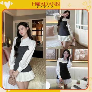 Set áo sơ mi phối tay thanh lịch cùng chân váy xếp ly cạp cao chiết eo siêu xinh Hoadanbistore