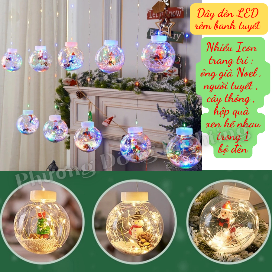 Dây đèn LED nháy rèm banh cầu tuyết nhiều icon trang trí khác nhau trong mỗi quả banh - Dây dài 3 mét - 10 quả Điện 220v