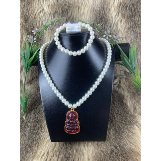 Bộ ngọ trai 3 món, vòng cổ, hoa tai ,vòng tay ngọc trai san hô có các loại mặt phật  Di Lac ngọcxanh, đỏ, vàng.