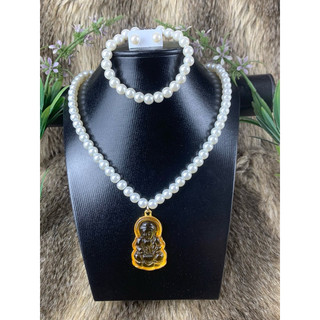 Bộ ngọ trai 3 món, vòng cổ, hoa tai ,vòng tay ngọc trai san hô có các loại mặt phật  Di Lac ngọcxanh, đỏ, vàng.