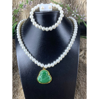 Bộ ngọ trai 3 món, vòng cổ, hoa tai ,vòng tay ngọc trai san hô có các loại mặt phật  Di Lac ngọcxanh, đỏ, vàng.