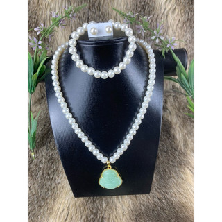 Bộ ngọ trai 3 món, vòng cổ, hoa tai ,vòng tay ngọc trai san hô có các loại mặt phật  Di Lac ngọcxanh, đỏ, vàng.