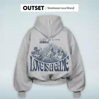 Áo Hoodie Zip Form Boxy Local Brand Outset Studio, chất vải nỉ lông cáo 420GSM In Hình Graphic Love Is Game Màu Xám Tiêu