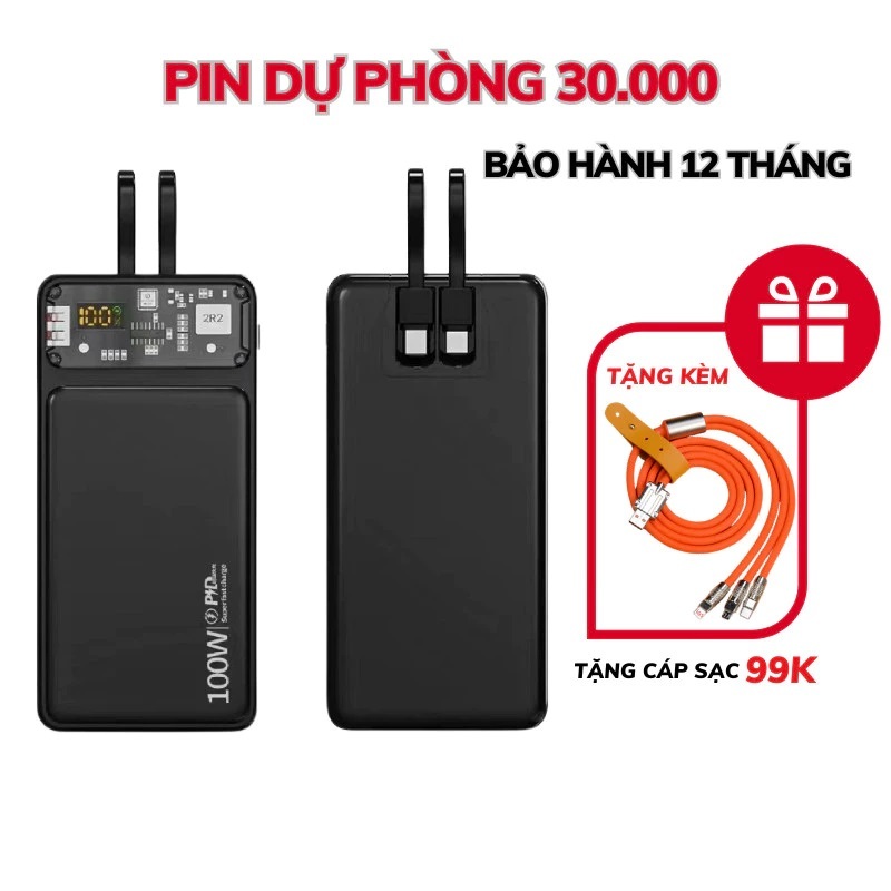 Sạc dự phòng 20000mah 30000mah công suất nhanh 100w dung lượng pin lớn có sẵn dây cho điện thoại - Gutek DX159
