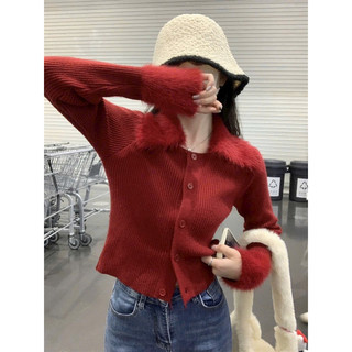 Áo len tăm dài tay thu đông cổ bẻ mix cổ lông tay style Ulzzang y2k cá tính mã 761