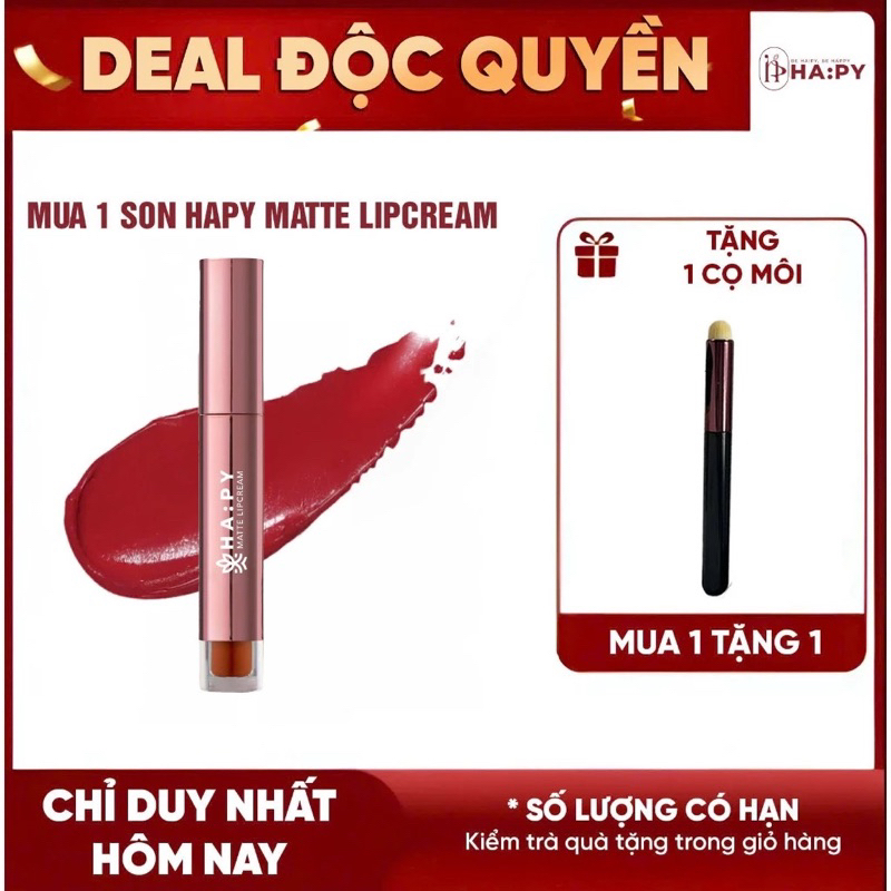 Son Kem Lì Hapy Matte Lip Cream  không trôi, mịn mượt nhẹ môi (mua 1 son tặng kèm 1 cọ tán son)