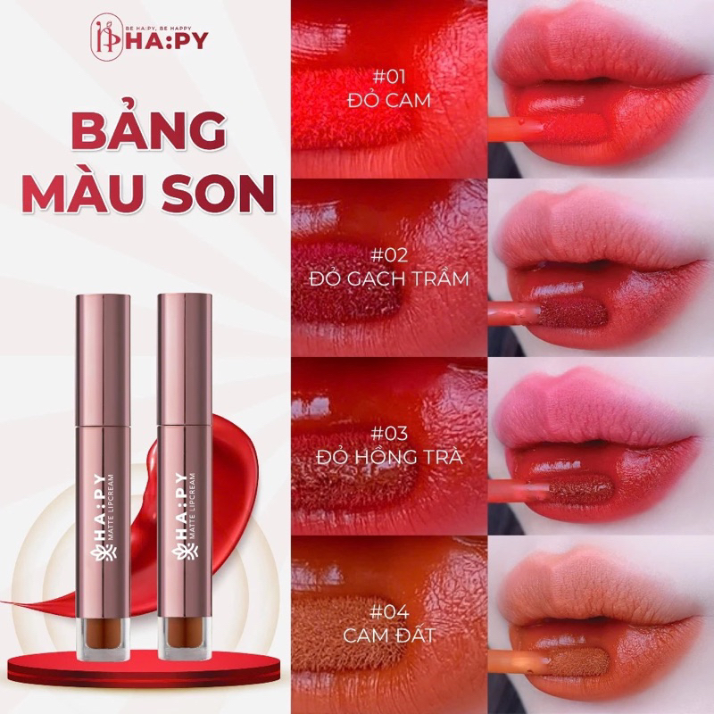 Son Kem Lì Hapy Matte Lip Cream  không trôi, mịn mượt nhẹ môi (mua 1 son tặng kèm 1 cọ tán son)