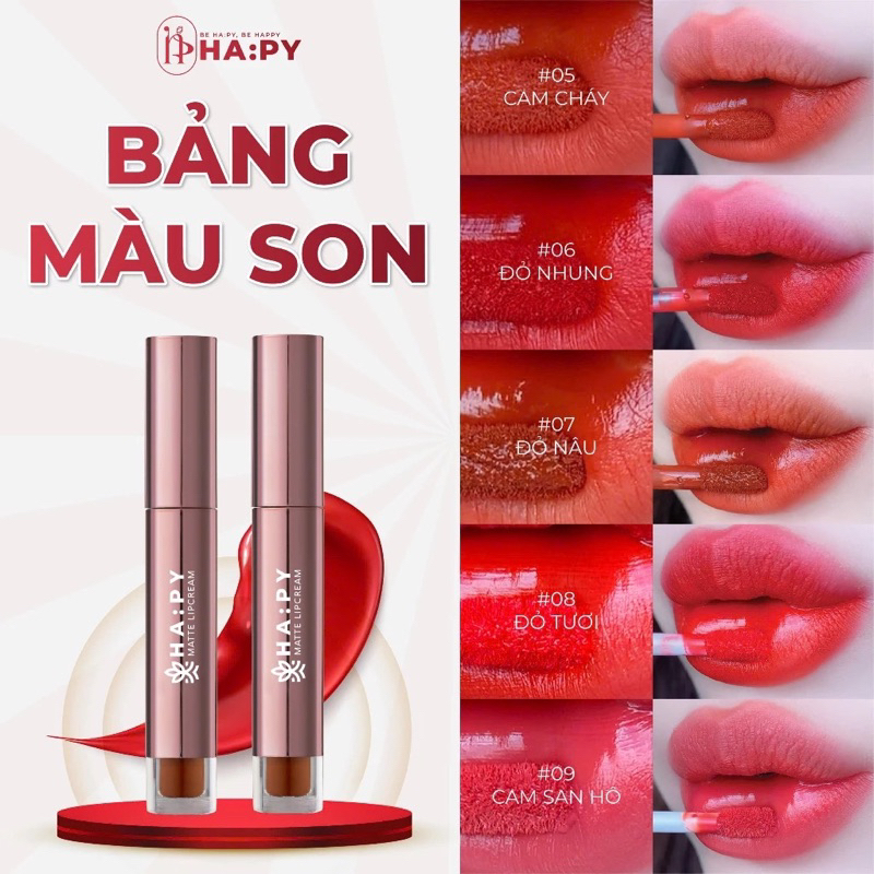 Son Kem Lì Hapy Matte Lip Cream  không trôi, mịn mượt nhẹ môi (mua 1 son tặng kèm 1 cọ tán son)