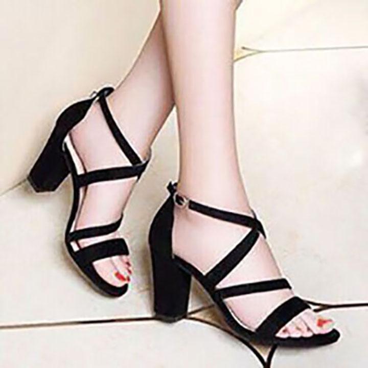 Giày Cao Gót Nữ Gót Vuông 7cm Quai Mảnh 2 Dây Chéo Chân Thời Trang - SD04