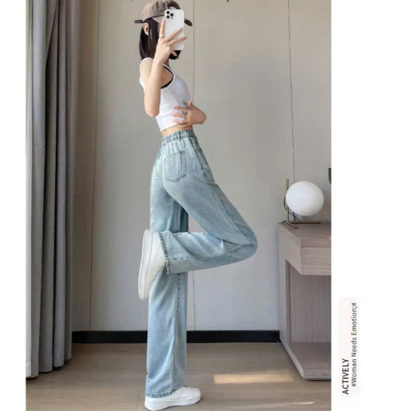 Quần Jean Nữ Cạp Cao Ống Suông nhẹ HAZEE – Cạp khóa + Lưng chun Tôn Dáng, Co Giãn, Style Hàn Quốc
