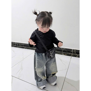 Bộ bé gái,Sét áo đen cotton dài tay mix quần jean xuông cho bé trai bé gái